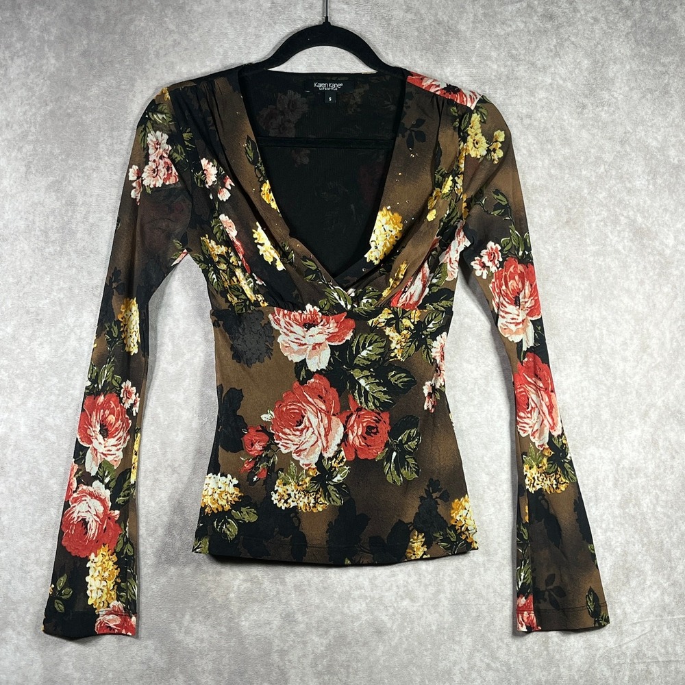 Karen Kane Top Women Size Small Black Floral V-Neck Long Sleeves Y2K Boho Hippie